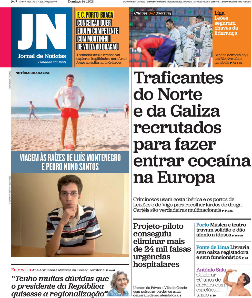Jornal de Not&iacute;cias: Capa da Edi&ccedil;&atilde;o de domingo, 14 de janeiro 2024
