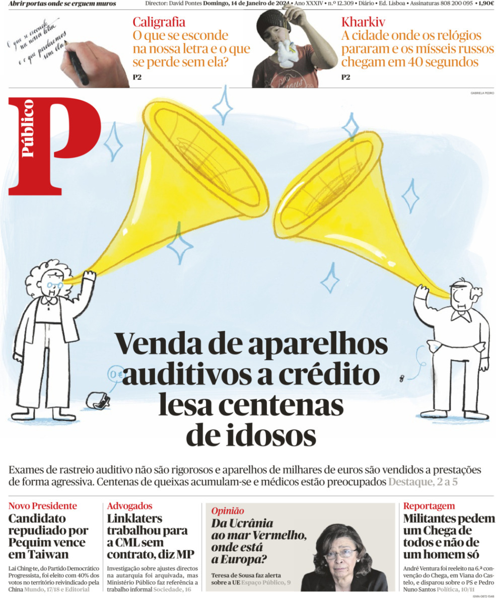 P&uacute;blico: Capa da Edi&ccedil;&atilde;o de domingo, 14 de janeiro 2024