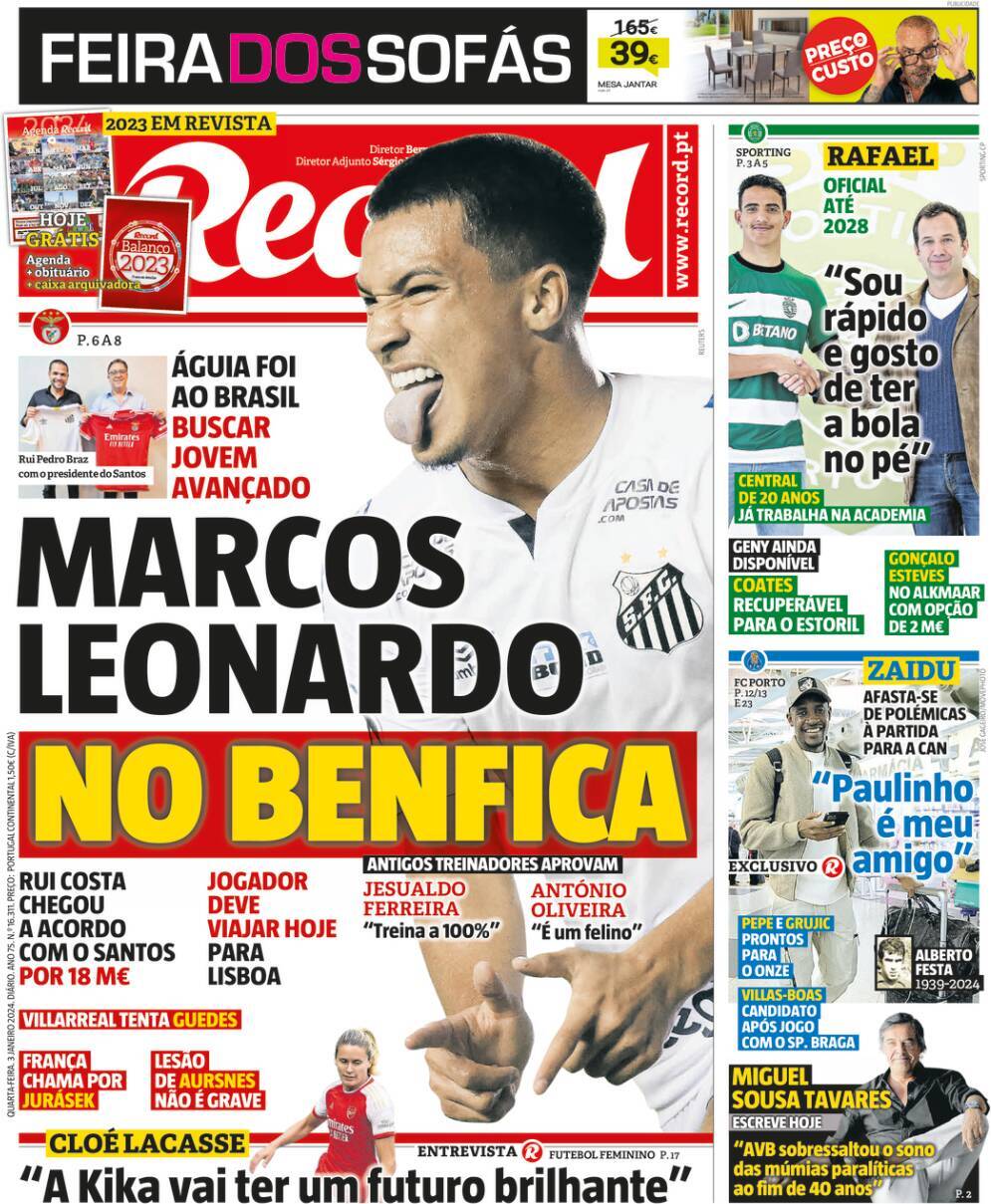 Record: Capa da Edi&ccedil;&atilde;o de quarta-feira, 03 de janeiro 2024