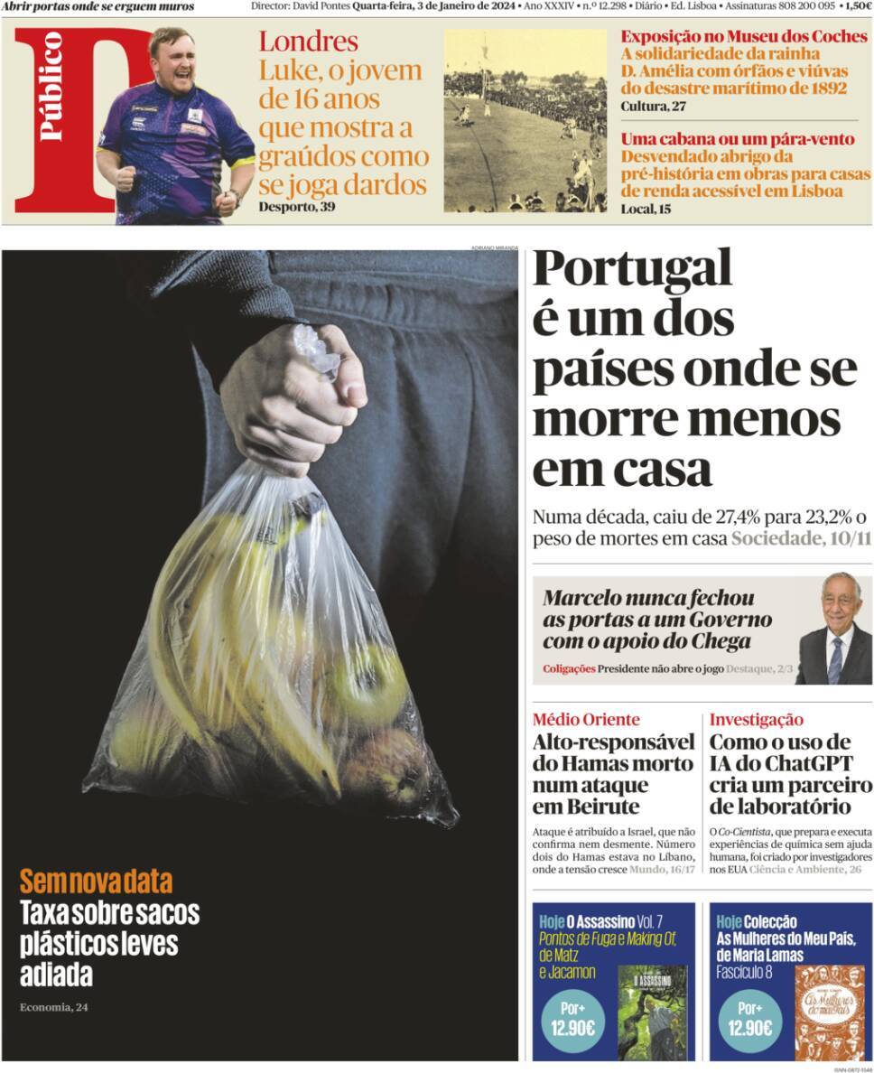 P&uacute;blico: Capa da Edi&ccedil;&atilde;o de quarta-feira, 03 de janeiro 2024