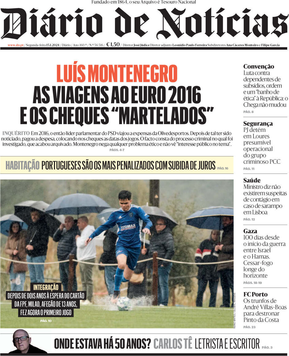 Di&aacute;rio de Not&iacute;cias: Capa da Edi&ccedil;&atilde;o de segunda-feira, 15 de janeiro 2024