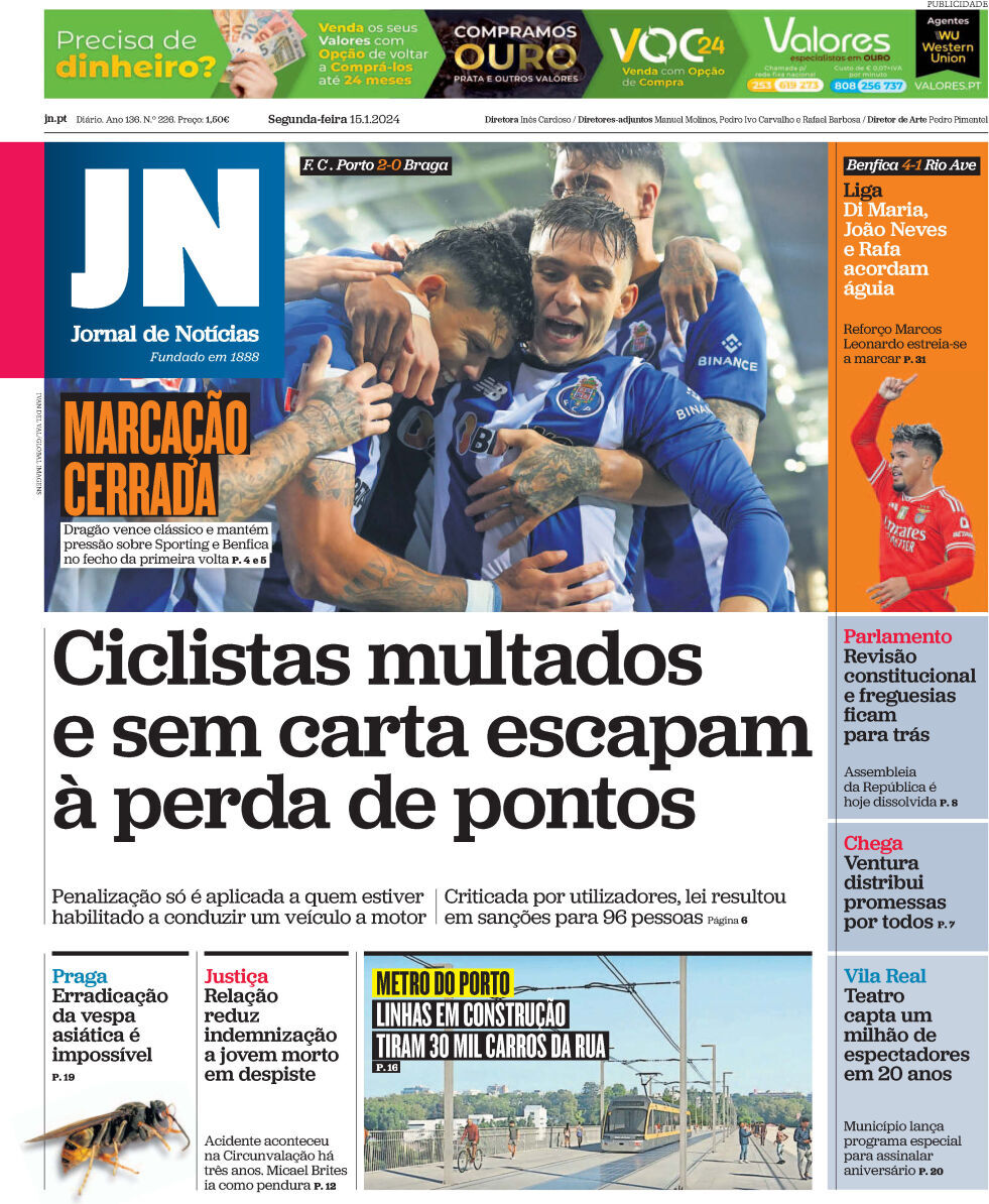 Jornal de Not&iacute;cias: Capa da Edi&ccedil;&atilde;o de segunda-feira, 15 de janeiro 2024