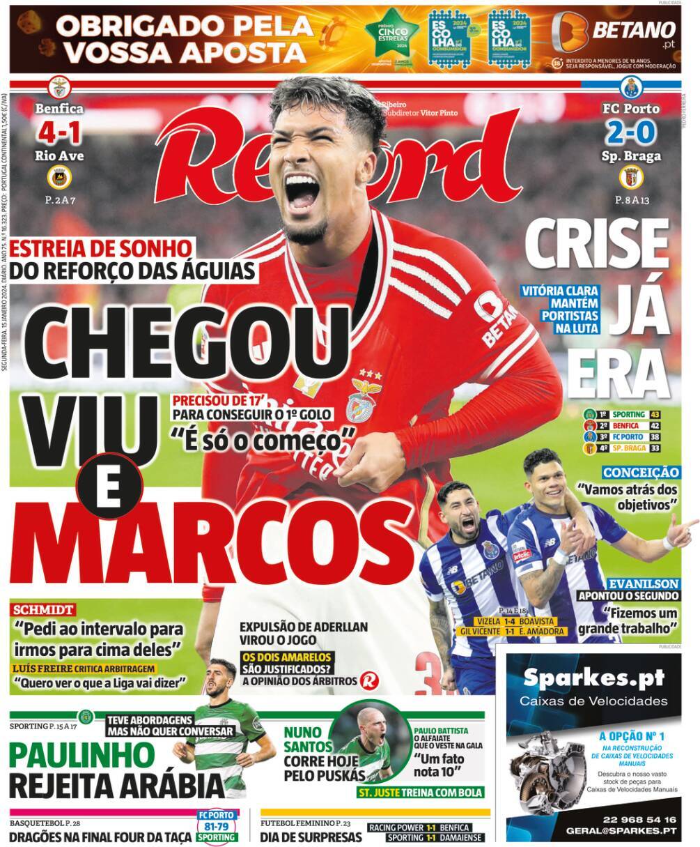 Record: Capa da Edi&ccedil;&atilde;o de segunda-feira, 15 de janeiro 2024