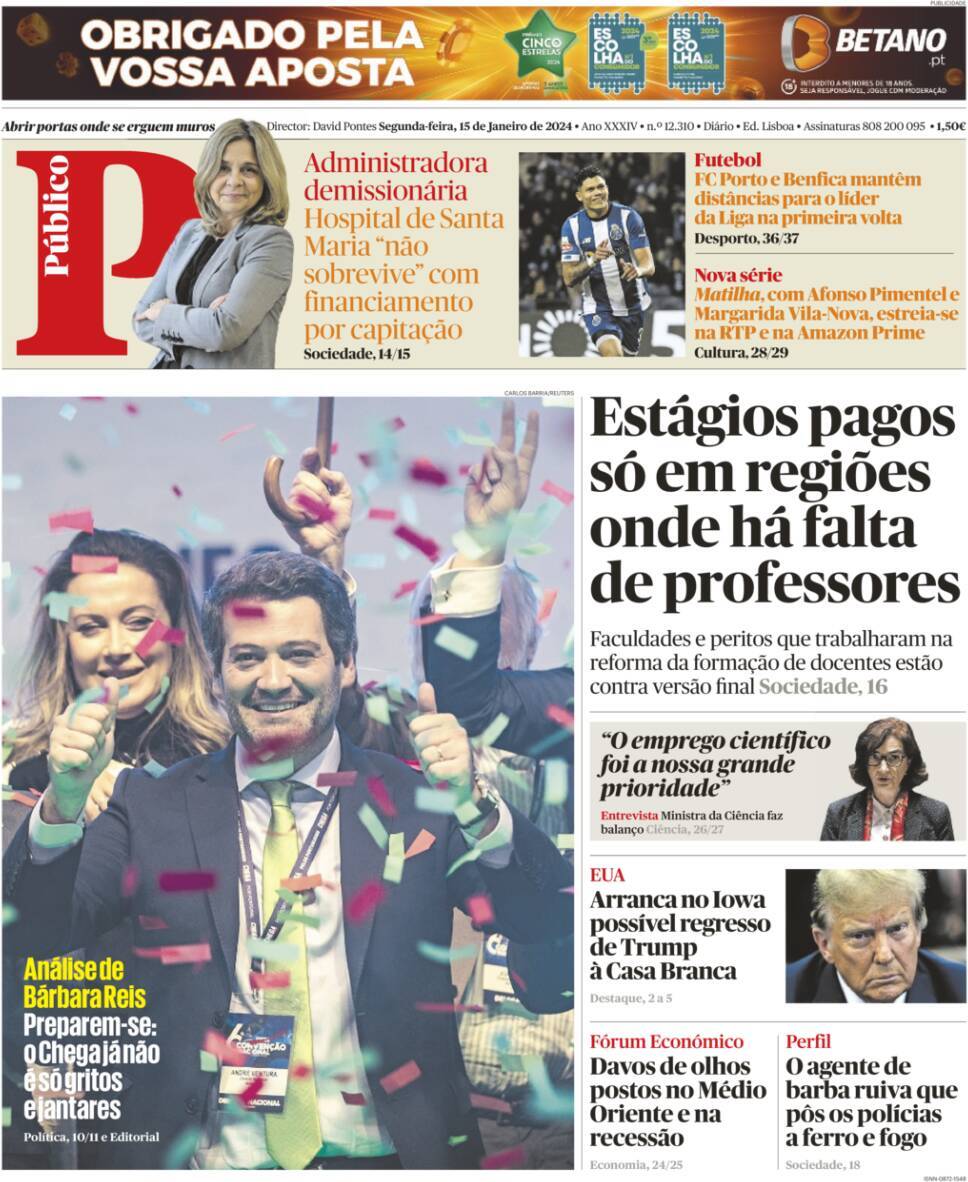P&uacute;blico: Capa da Edi&ccedil;&atilde;o de segunda-feira, 15 de janeiro 2024