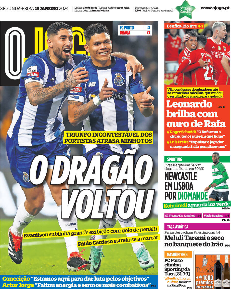 O Jogo: Capa da Edi&ccedil;&atilde;o de segunda-feira, 15 de janeiro 2024