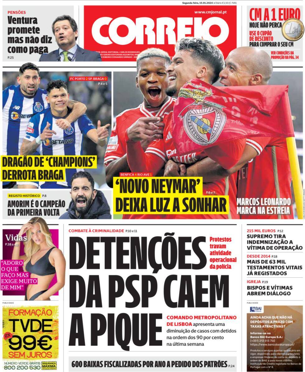 Correio da Manh&atilde;: Capa da Edi&ccedil;&atilde;o de segunda-feira, 15 de janeiro 2024