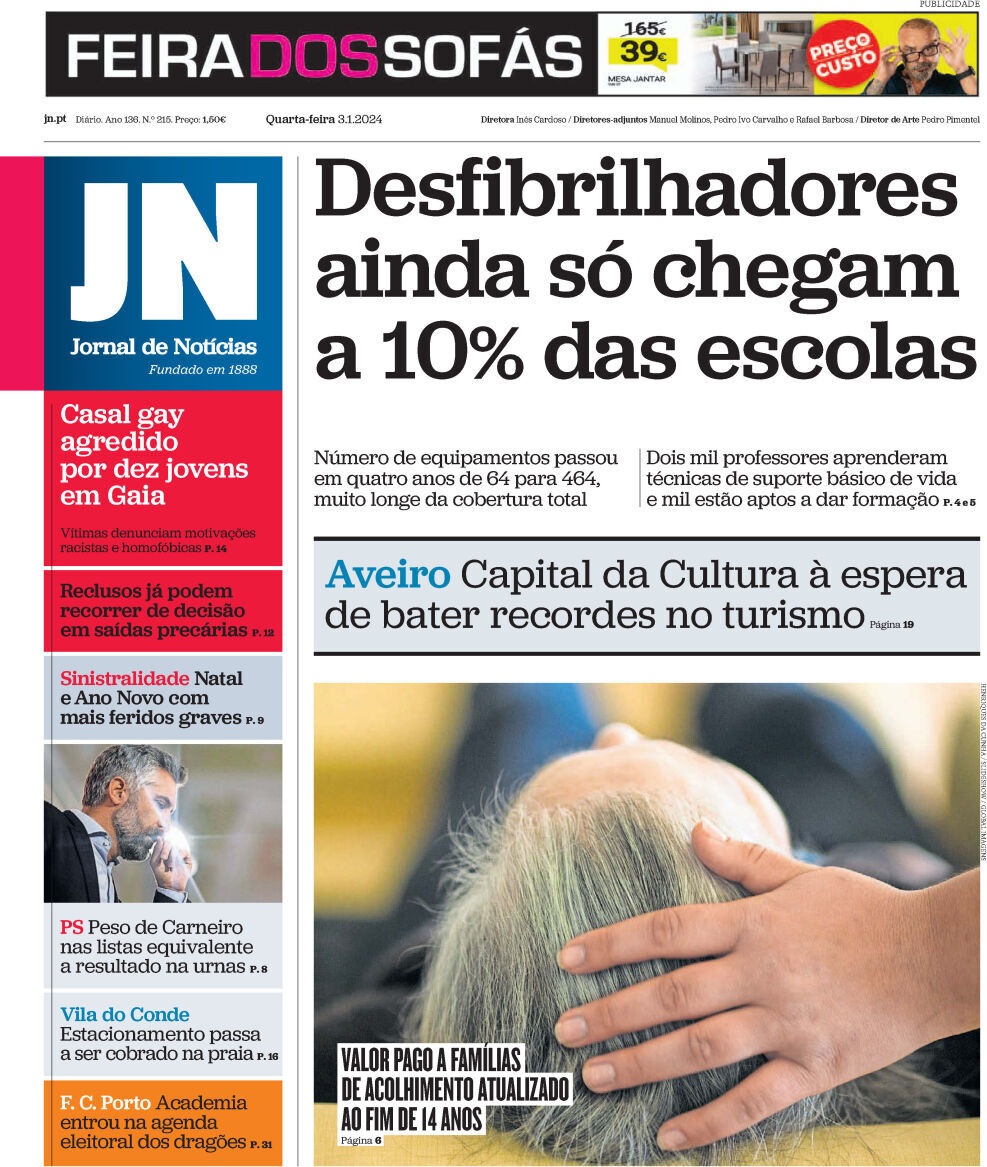 Jornal de Not&iacute;cias: Capa da Edi&ccedil;&atilde;o de quarta-feira, 03 de janeiro 2024