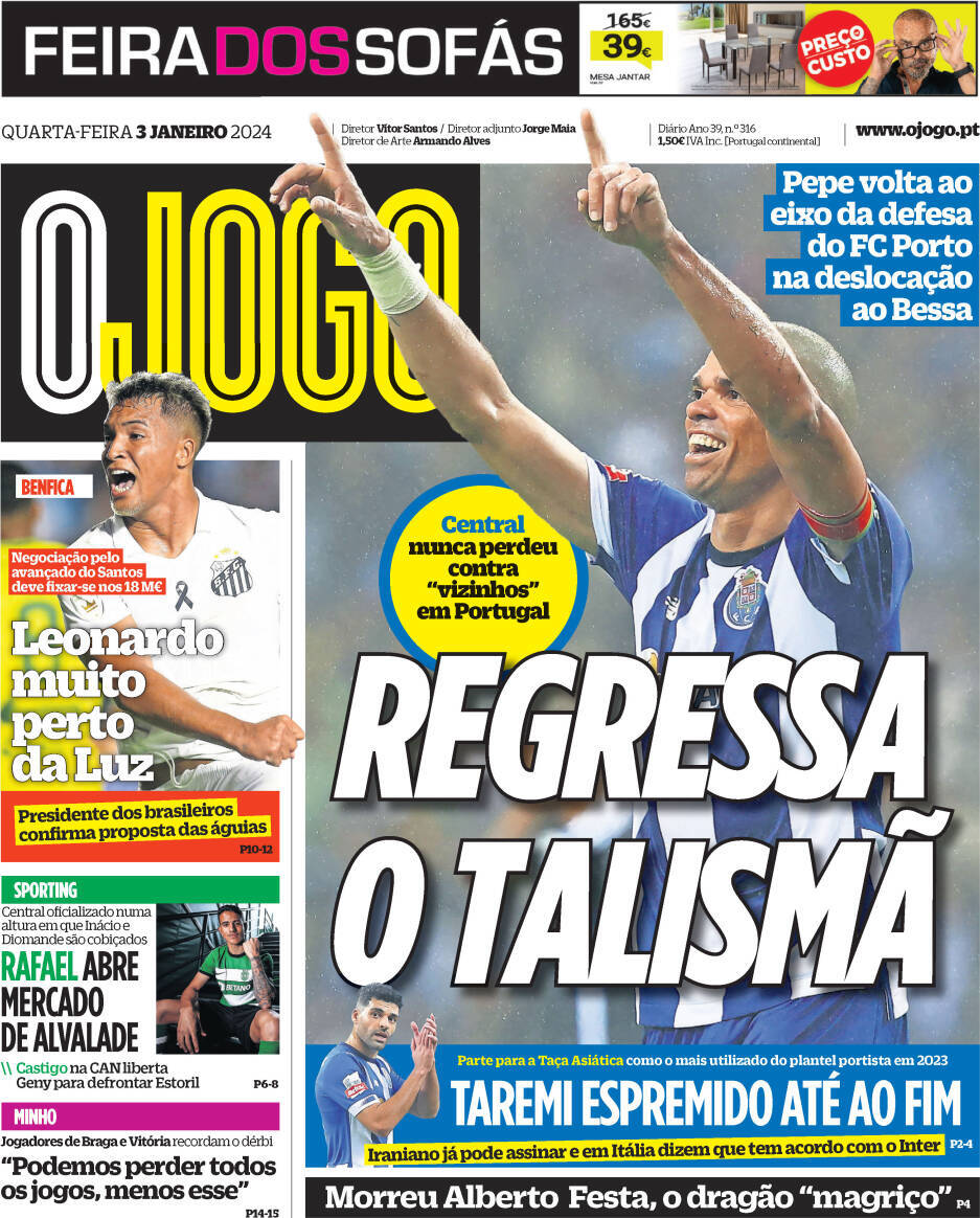 O Jogo: Capa da Edi&ccedil;&atilde;o de quarta-feira, 03 de janeiro 2024