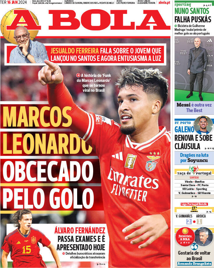 A Bola: Capa da Edi&ccedil;&atilde;o de ter&ccedil;a-feira, 16 de janeiro 2024