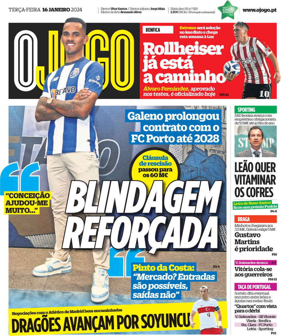 O Jogo: Capa da Edi&ccedil;&atilde;o de ter&ccedil;a-feira, 16 de janeiro 2024