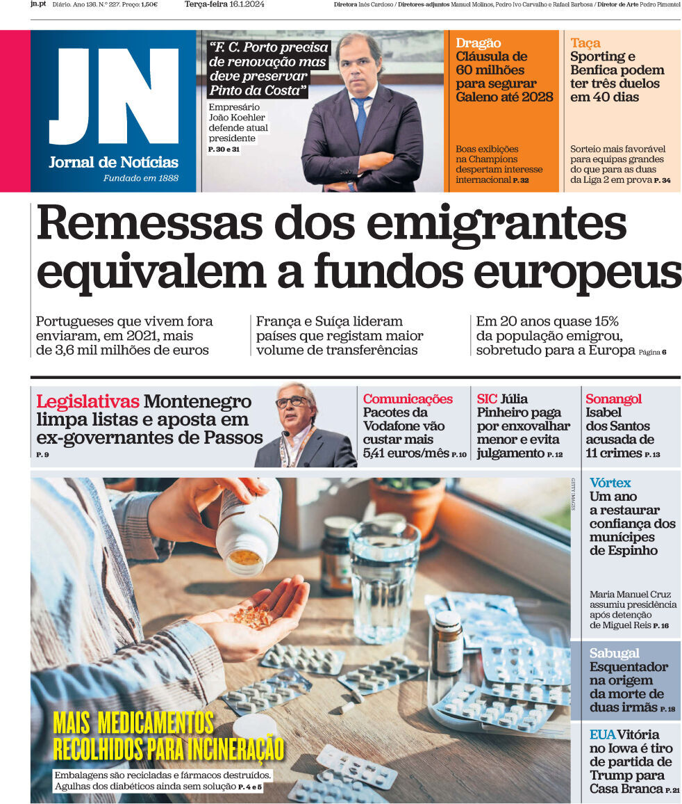 Jornal de Not&iacute;cias: Capa da Edi&ccedil;&atilde;o de ter&ccedil;a-feira, 16 de janeiro 2024