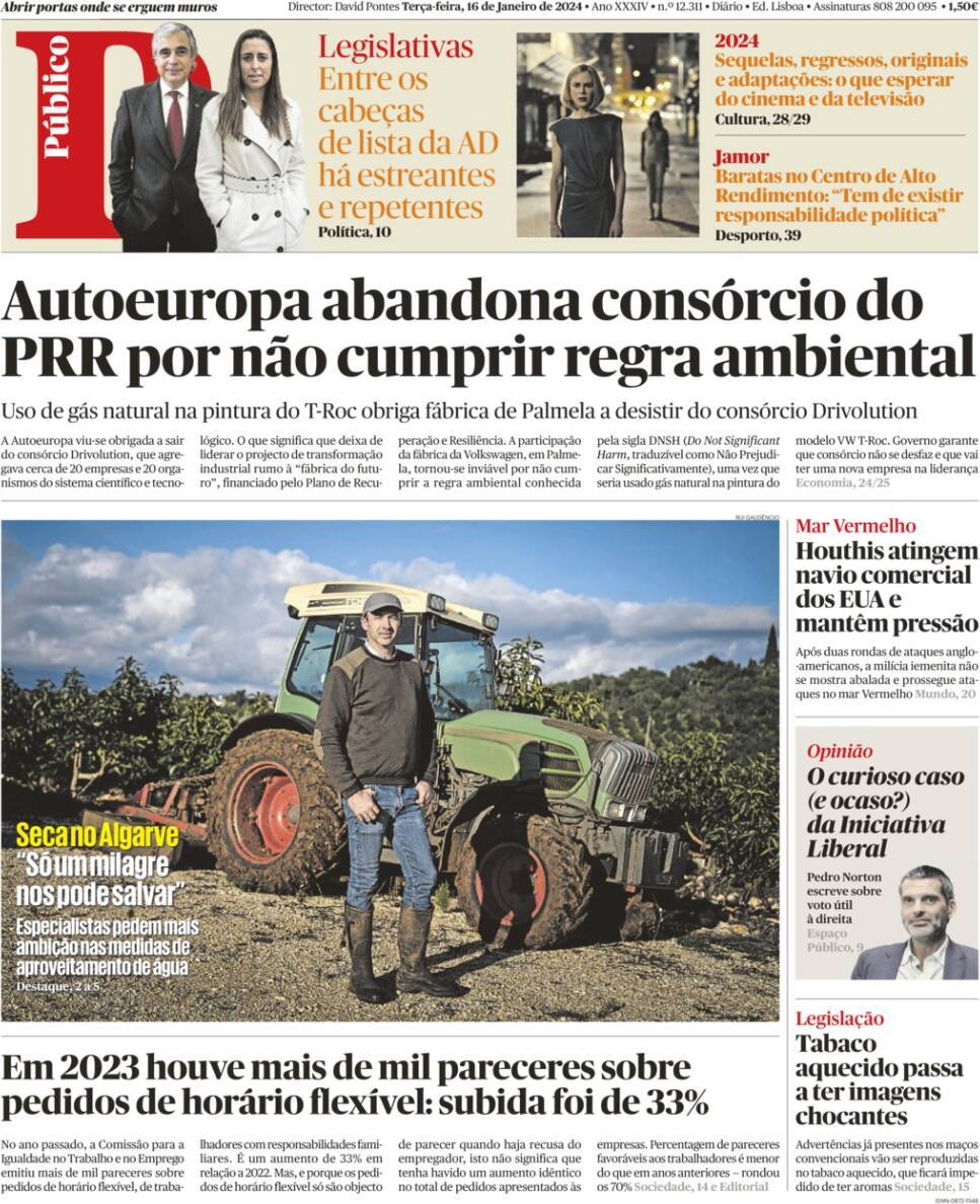 P&uacute;blico: Capa da Edi&ccedil;&atilde;o de ter&ccedil;a-feira, 16 de janeiro 2024