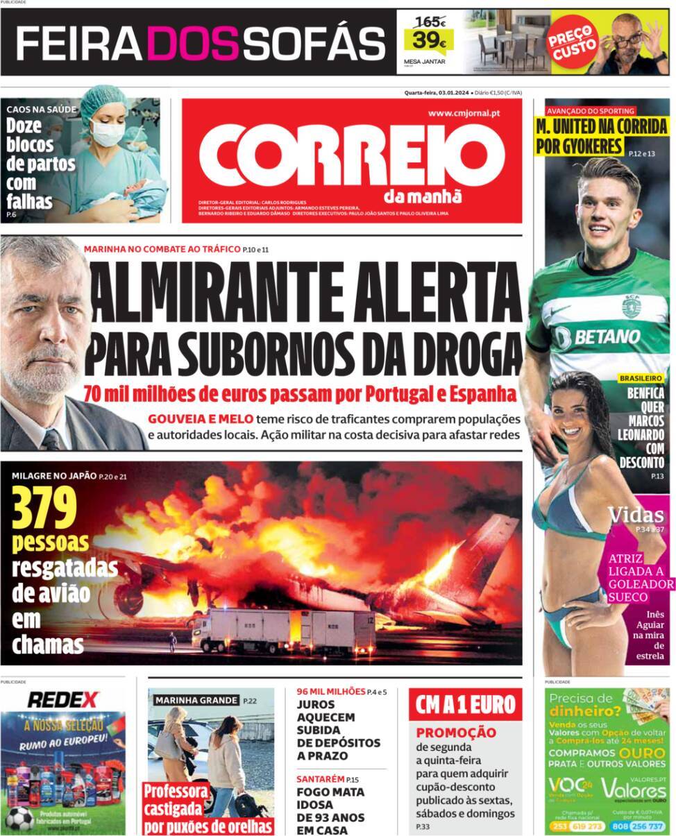Correio da Manh&atilde;: Capa da Edi&ccedil;&atilde;o de quarta-feira, 03 de janeiro 2024