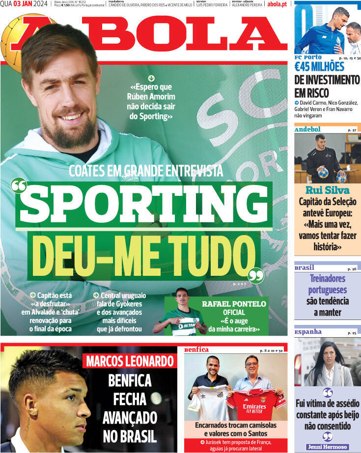 A Bola: Capa da Edi&ccedil;&atilde;o de quarta-feira, 03 de janeiro 2024