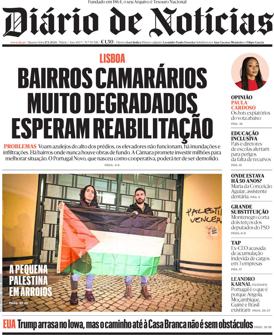 Di&aacute;rio de Not&iacute;cias: Capa da Edi&ccedil;&atilde;o de quarta-feira, 17 de janeiro 2024