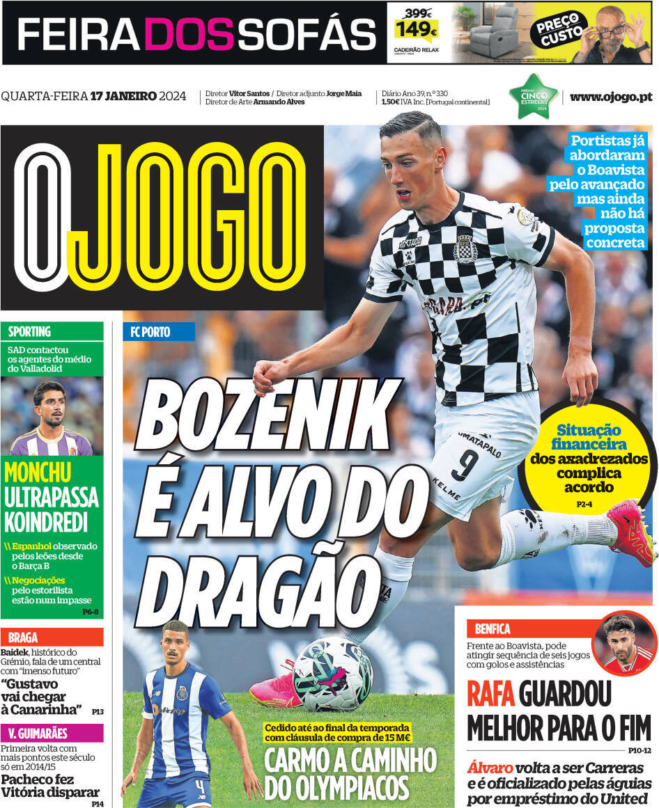 O Jogo: Capa da Edi&ccedil;&atilde;o de quarta-feira, 17 de janeiro 2024