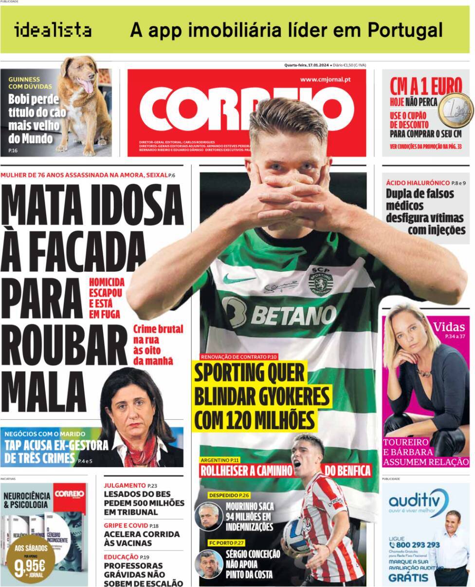 Correio da Manh&atilde;: Capa da Edi&ccedil;&atilde;o de quarta-feira, 17 de janeiro 2024