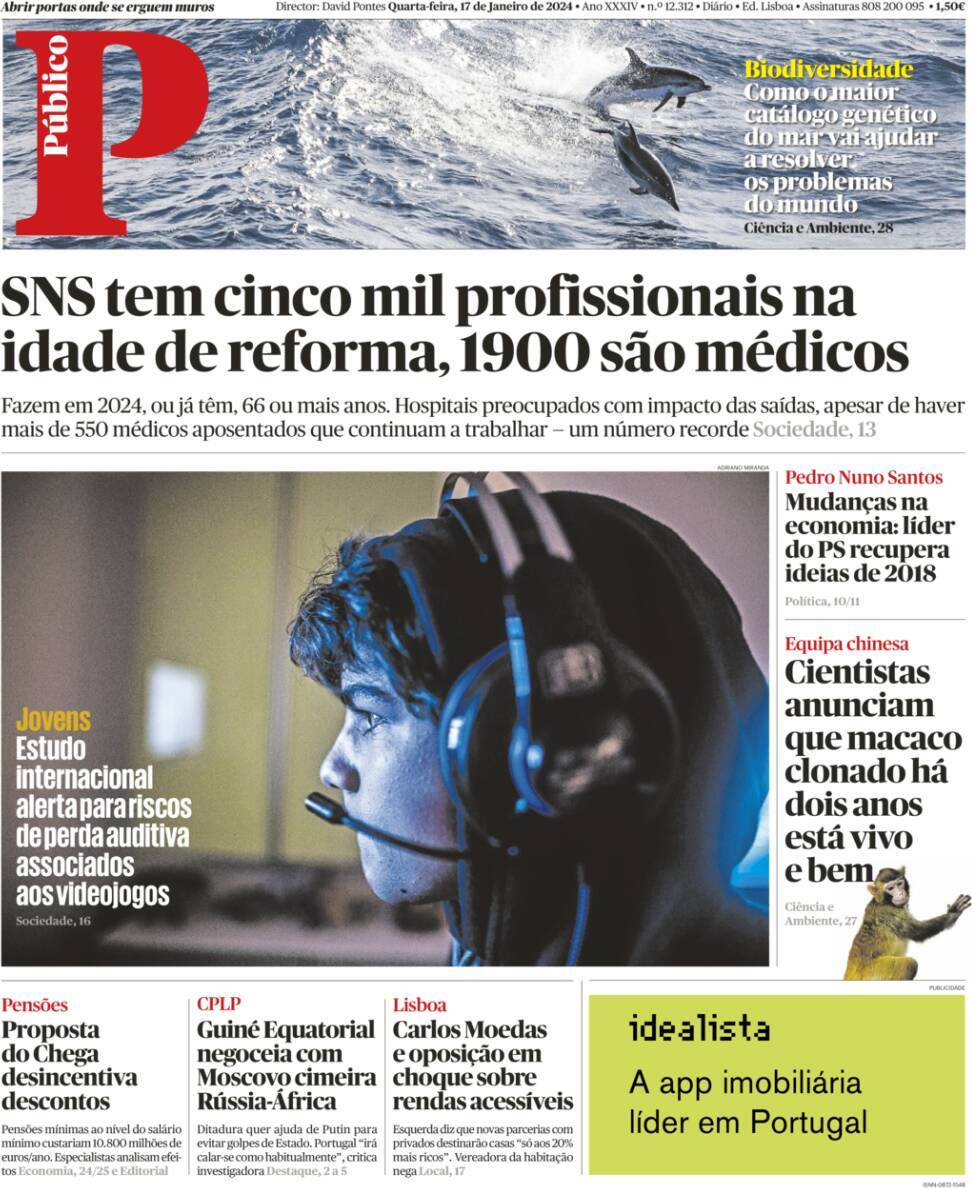 P&uacute;blico: Capa da Edi&ccedil;&atilde;o de quarta-feira, 17 de janeiro 2024
