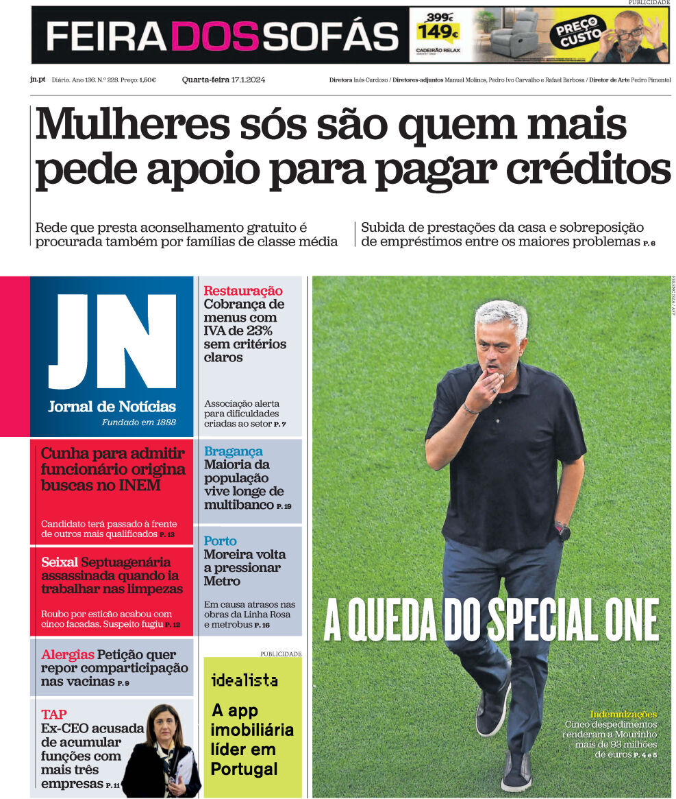 Jornal de Not&iacute;cias: Capa da Edi&ccedil;&atilde;o de quarta-feira, 17 de janeiro 2024
