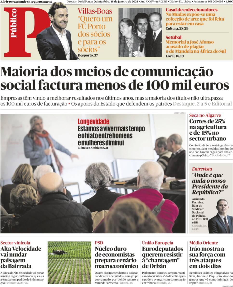 P&uacute;blico: Capa da Edi&ccedil;&atilde;o de quinta-feira, 18 de janeiro 2024