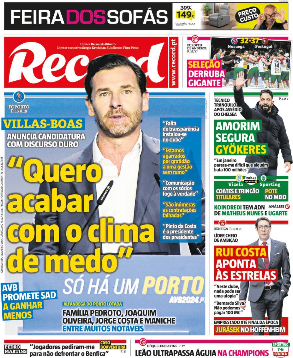 Record: Capa da Edi&ccedil;&atilde;o de quinta-feira, 18 de janeiro 2024