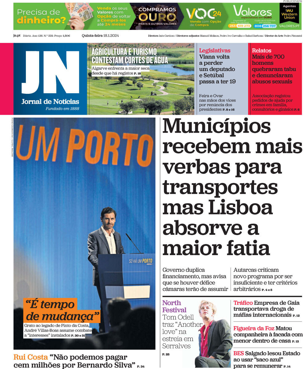 Jornal de Not&iacute;cias: Capa da Edi&ccedil;&atilde;o de quinta-feira, 18 de janeiro 2024