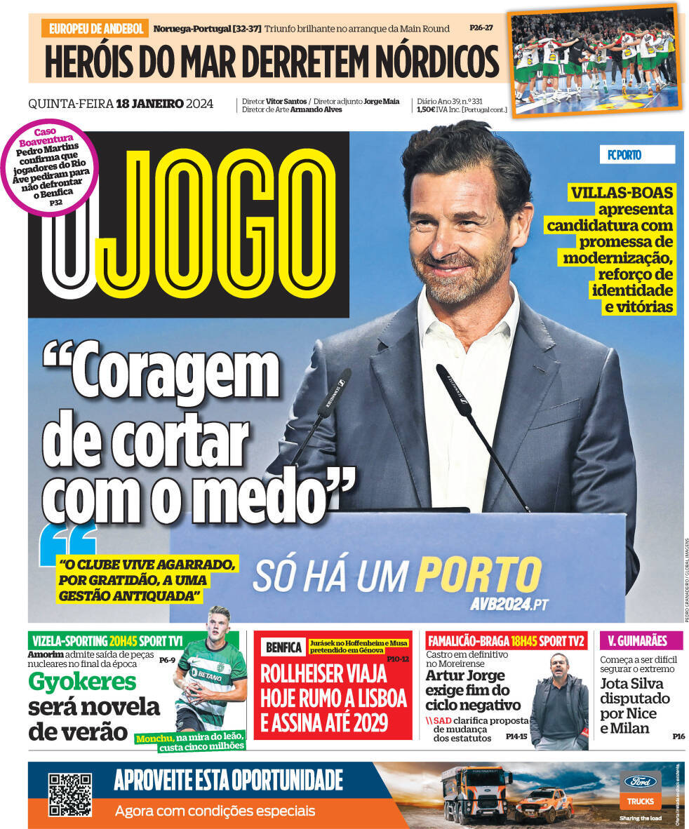 O Jogo: Capa da Edi&ccedil;&atilde;o de quinta-feira, 18 de janeiro 2024