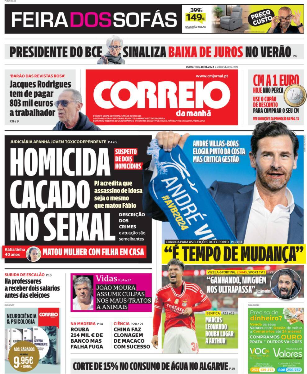 Correio da Manh&atilde;: Capa da Edi&ccedil;&atilde;o de quinta-feira, 18 de janeiro 2024