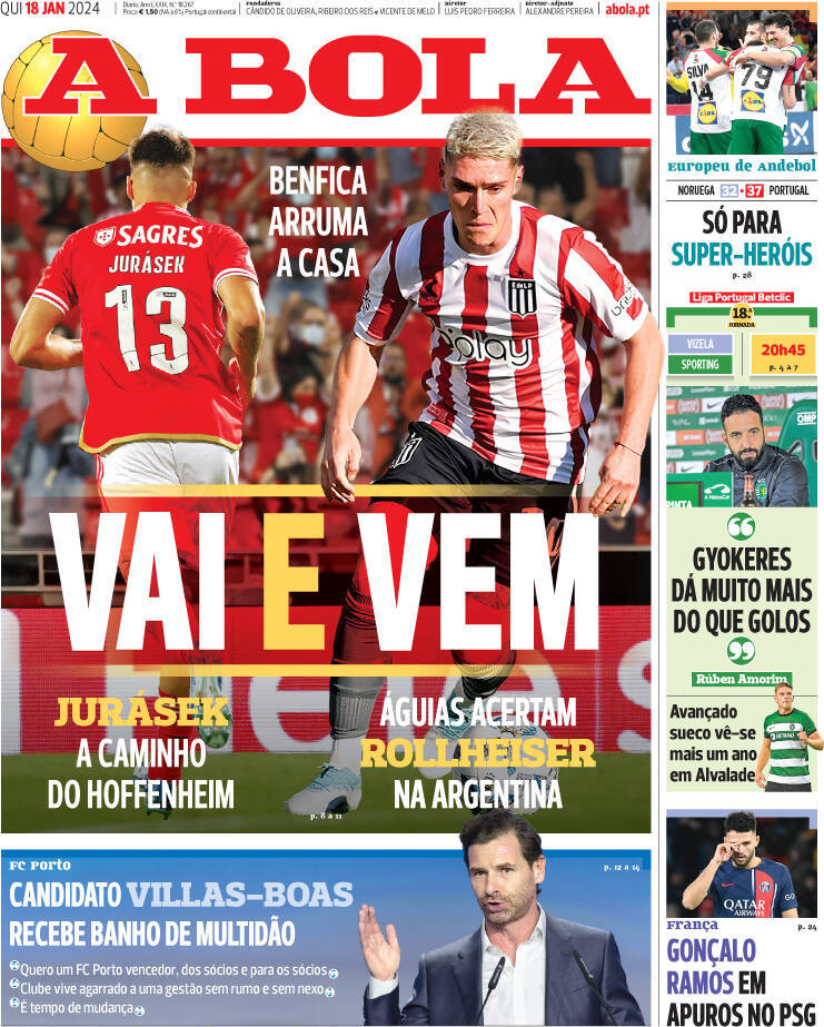 A Bola: Capa da Edi&ccedil;&atilde;o de quinta-feira, 18 de janeiro 2024