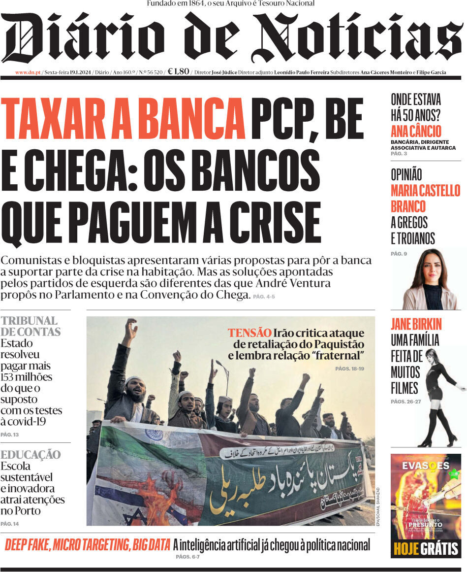 Di&aacute;rio de Not&iacute;cias: Capa da Edi&ccedil;&atilde;o de sexta-feira, 19 de janeiro 2024