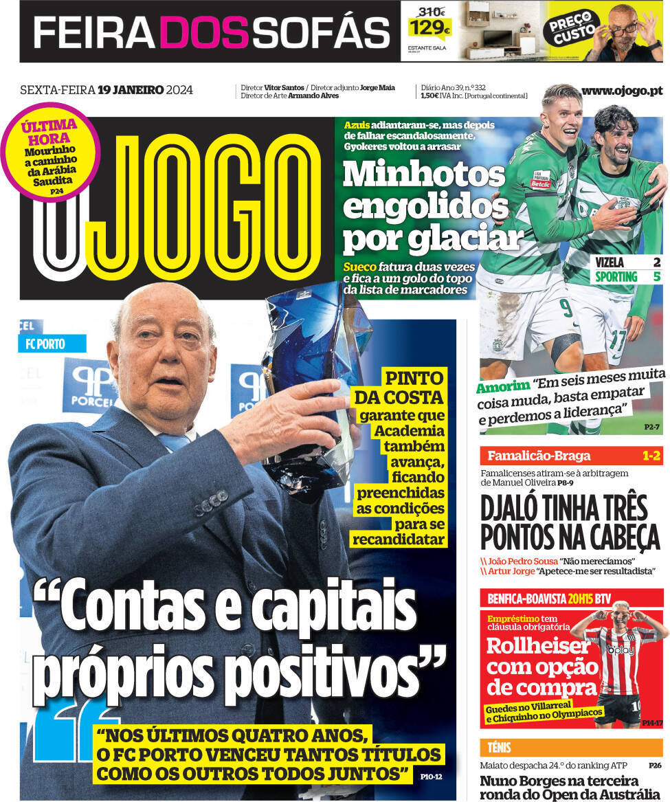 O Jogo: Capa da Edi&ccedil;&atilde;o de sexta-feira, 19 de janeiro 2024