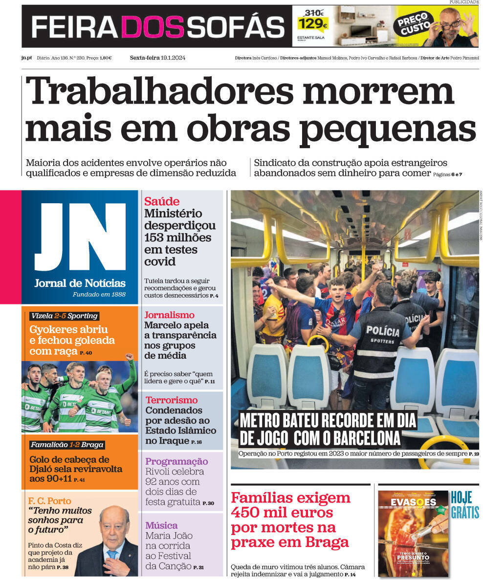 Jornal de Not&iacute;cias: Capa da Edi&ccedil;&atilde;o de sexta-feira, 19 de janeiro 2024