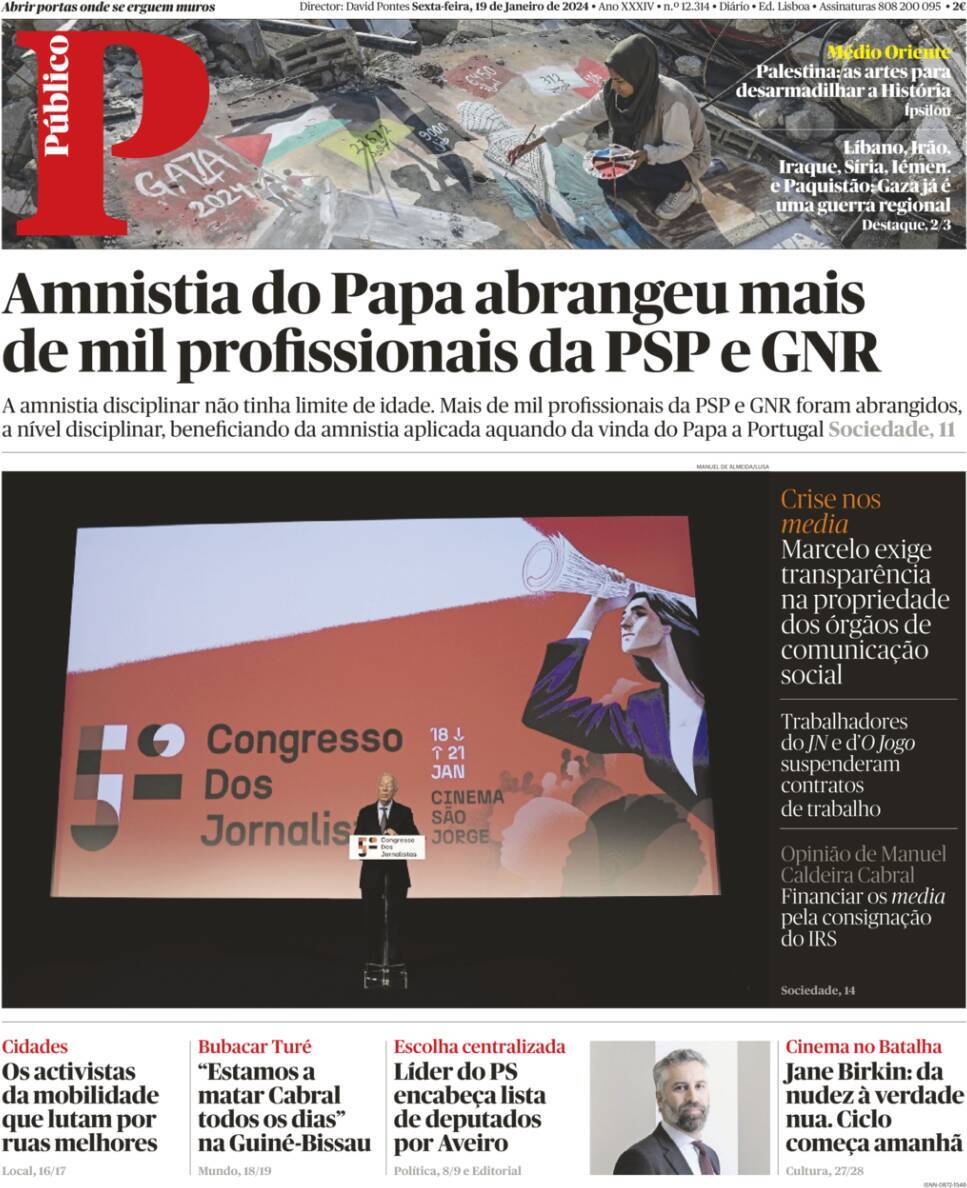 P&uacute;blico: Capa da Edi&ccedil;&atilde;o de sexta-feira, 19 de janeiro 2024