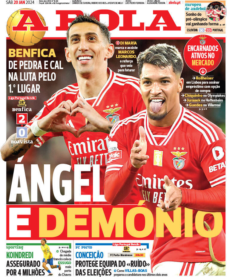 A Bola: Capa da Edi&ccedil;&atilde;o de s&aacute;bado, 20 de janeiro 2024