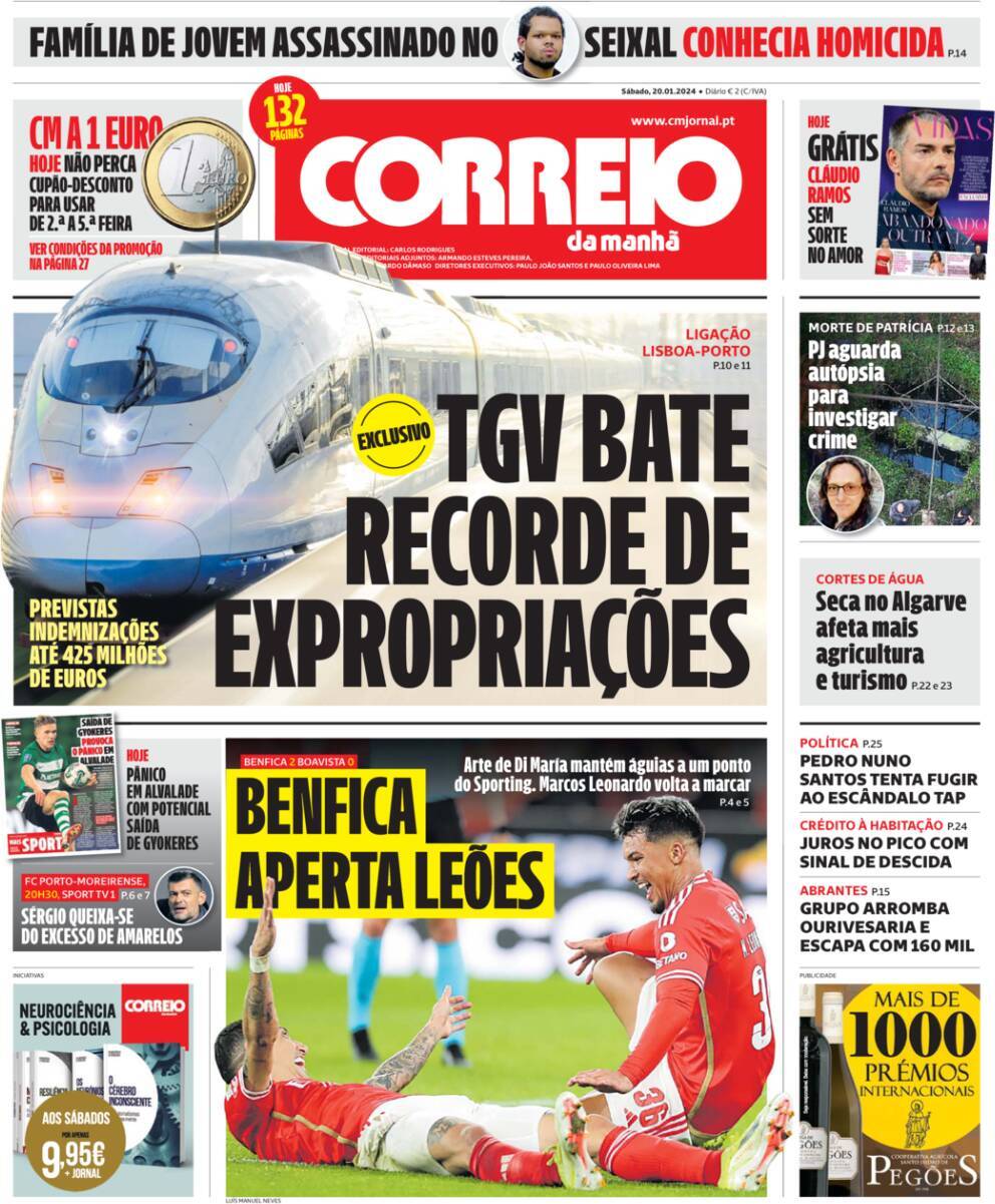 Correio da Manh&atilde;: Capa da Edi&ccedil;&atilde;o de s&aacute;bado, 20 de janeiro 2024
