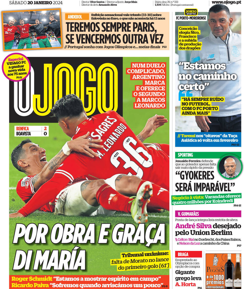 O Jogo: Capa da Edi&ccedil;&atilde;o de s&aacute;bado, 20 de janeiro 2024