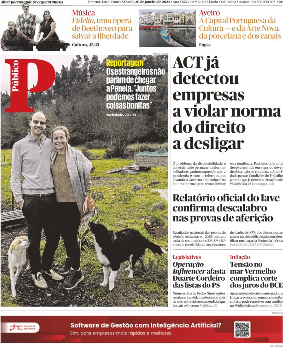 P&uacute;blico: Capa da Edi&ccedil;&atilde;o de s&aacute;bado, 20 de janeiro 2024