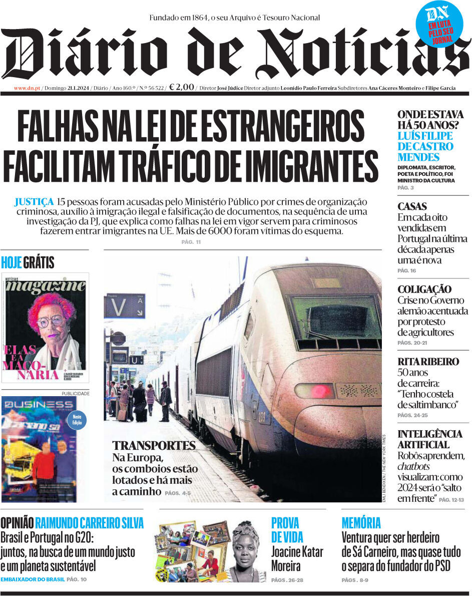 Di&aacute;rio de Not&iacute;cias: Capa da Edi&ccedil;&atilde;o de domingo, 21 de janeiro 2024