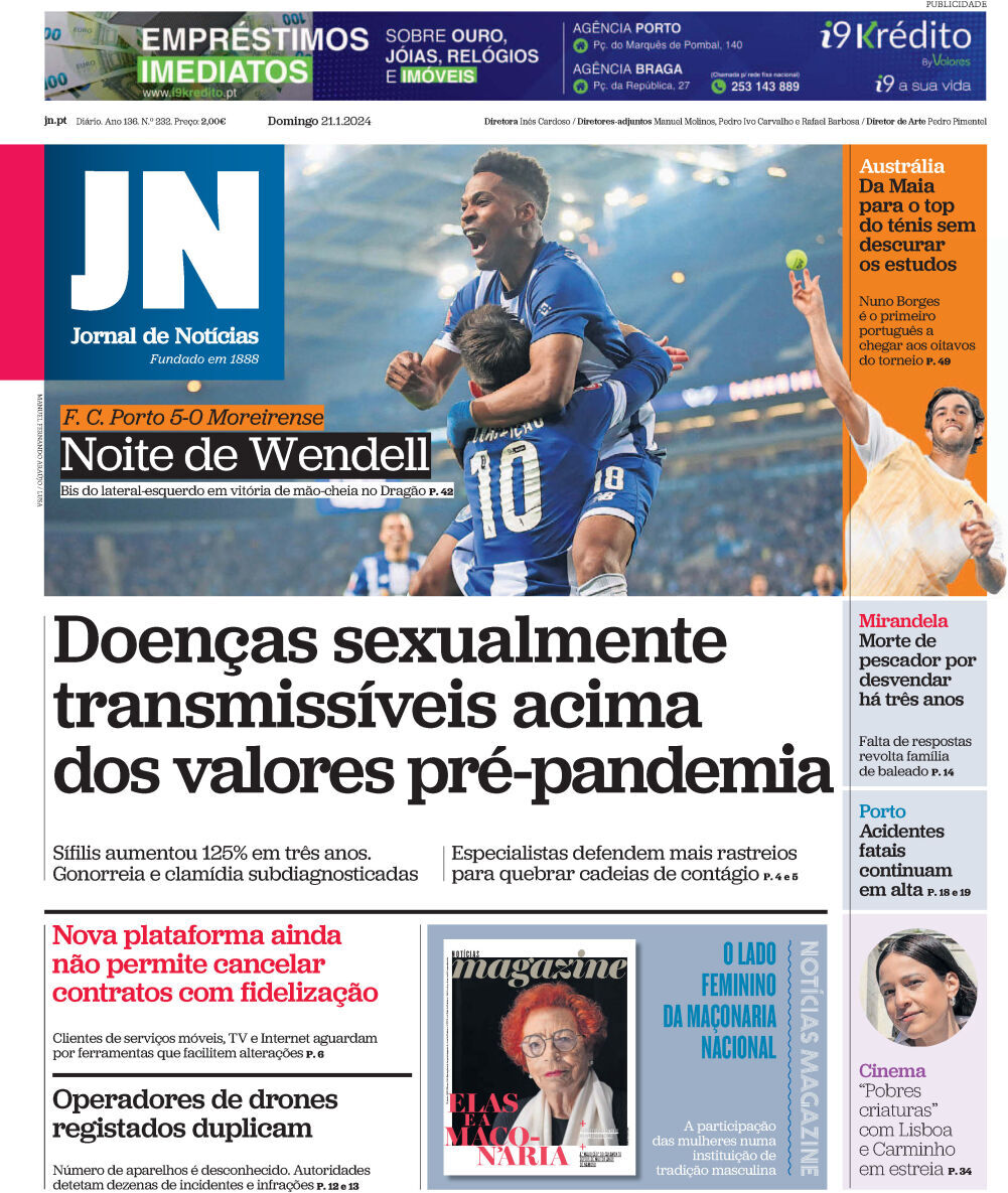Jornal de Not&iacute;cias: Capa da Edi&ccedil;&atilde;o de domingo, 21 de janeiro 2024