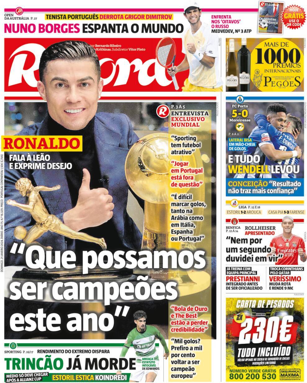 Record: Capa da Edi&ccedil;&atilde;o de domingo, 21 de janeiro 2024