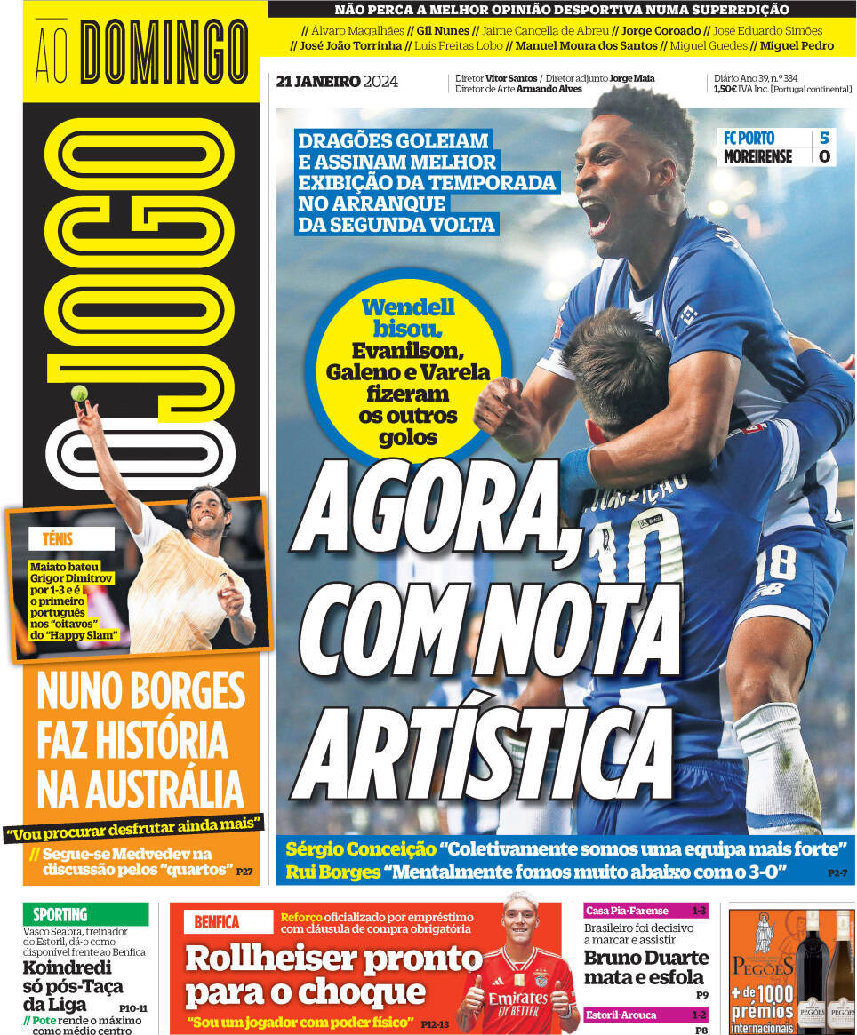 O Jogo: Capa da Edi&ccedil;&atilde;o de domingo, 21 de janeiro 2024