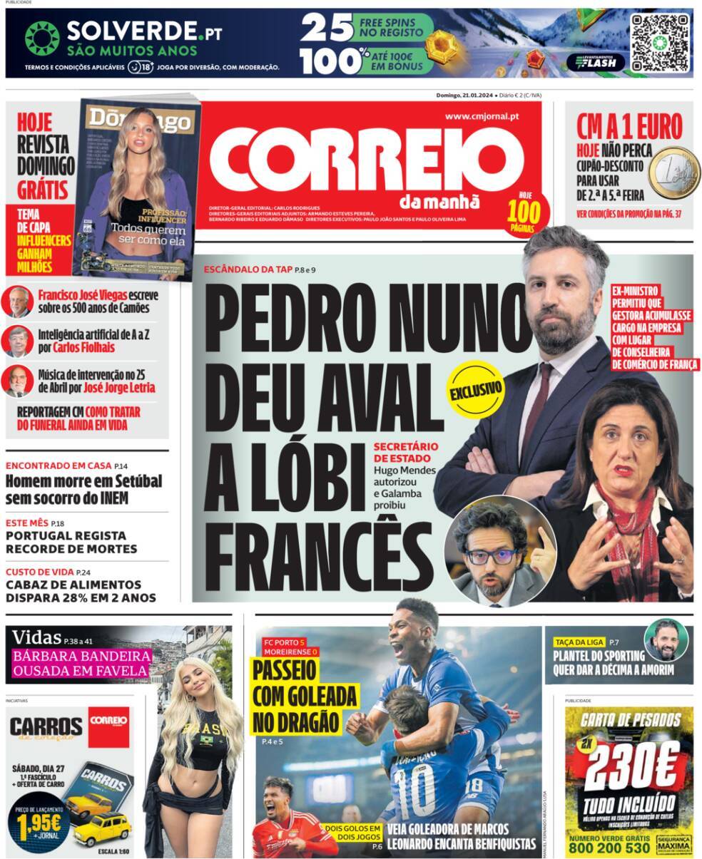 Correio da Manh&atilde;: Capa da Edi&ccedil;&atilde;o de domingo, 21 de janeiro 2024