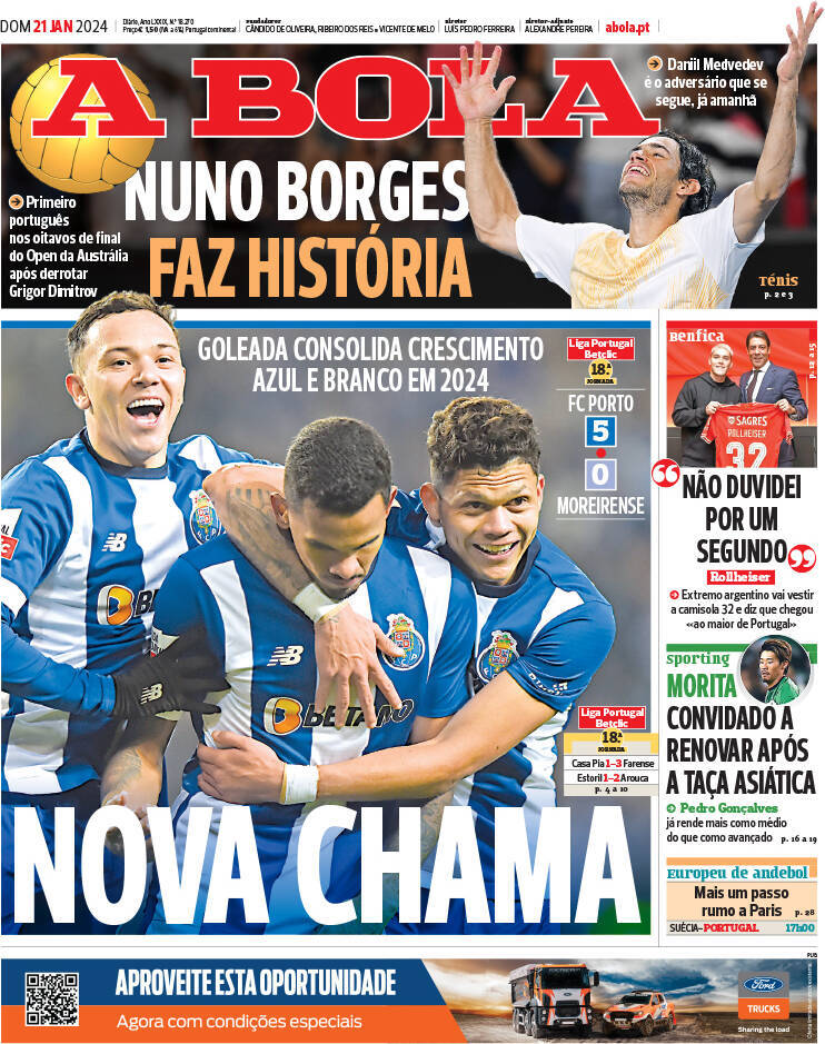 A Bola: Capa da Edi&ccedil;&atilde;o de domingo, 21 de janeiro 2024