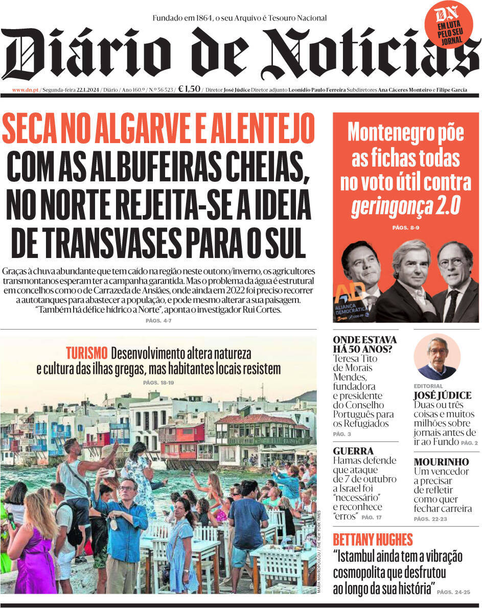 Di&aacute;rio de Not&iacute;cias: Capa da Edi&ccedil;&atilde;o de segunda-feira, 22 de janeiro 2024
