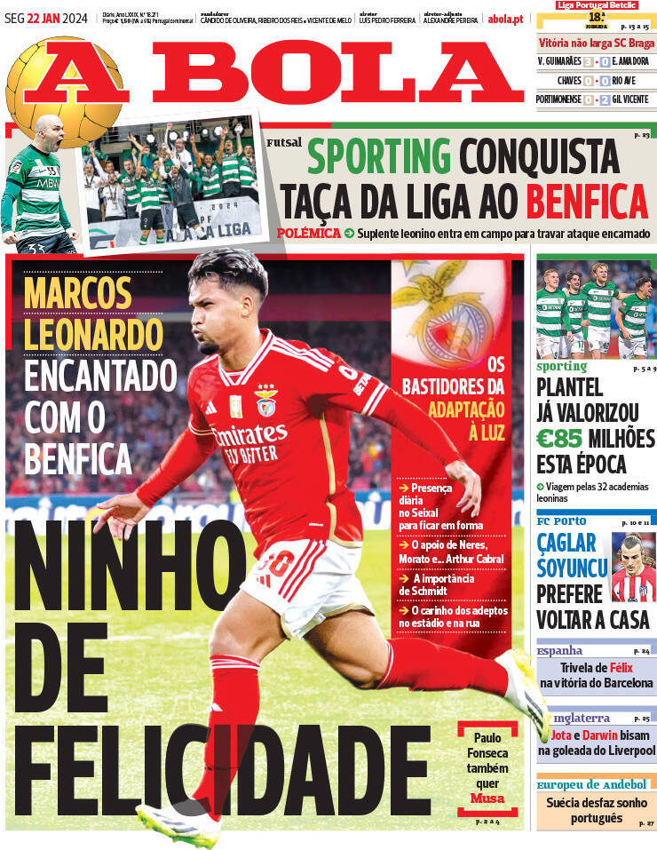 A Bola: Capa da Edi&ccedil;&atilde;o de segunda-feira, 22 de janeiro 2024