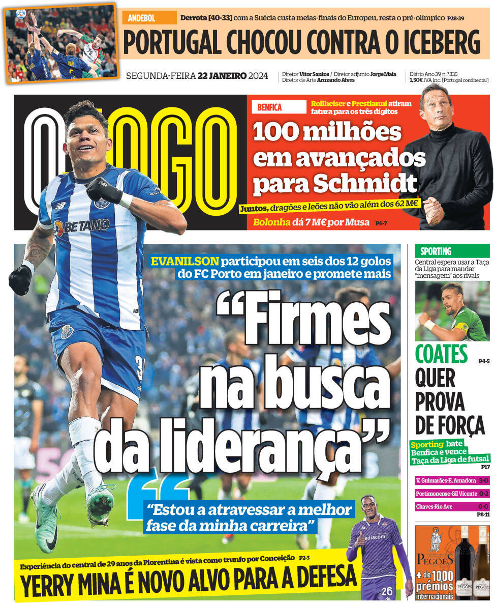 O Jogo: Capa da Edi&ccedil;&atilde;o de segunda-feira, 22 de janeiro 2024