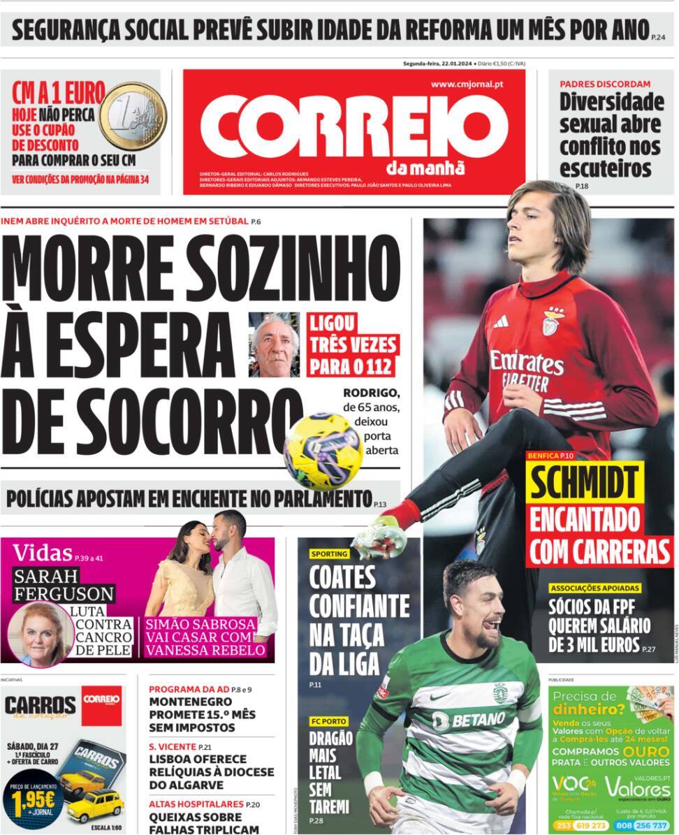 Correio da Manh&atilde;: Capa da Edi&ccedil;&atilde;o de segunda-feira, 22 de janeiro 2024