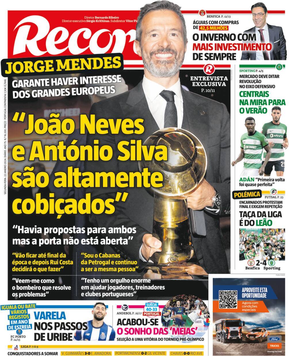 Record: Capa da Edi&ccedil;&atilde;o de segunda-feira, 22 de janeiro 2024