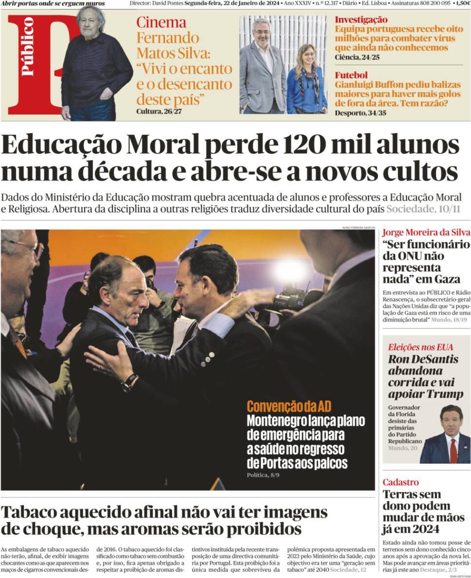 P&uacute;blico: Capa da Edi&ccedil;&atilde;o de segunda-feira, 22 de janeiro 2024