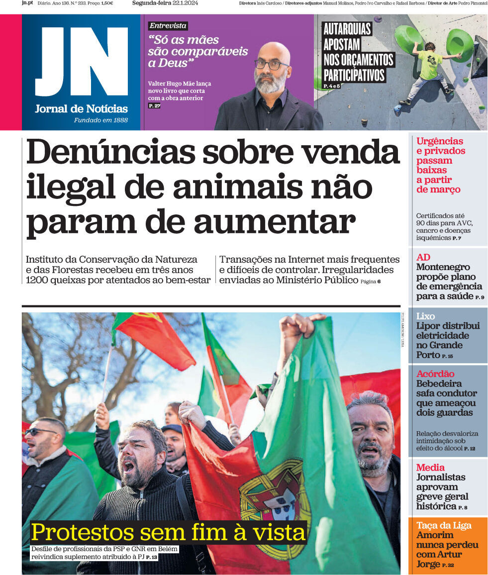 Jornal de Not&iacute;cias: Capa da Edi&ccedil;&atilde;o de segunda-feira, 22 de janeiro 2024